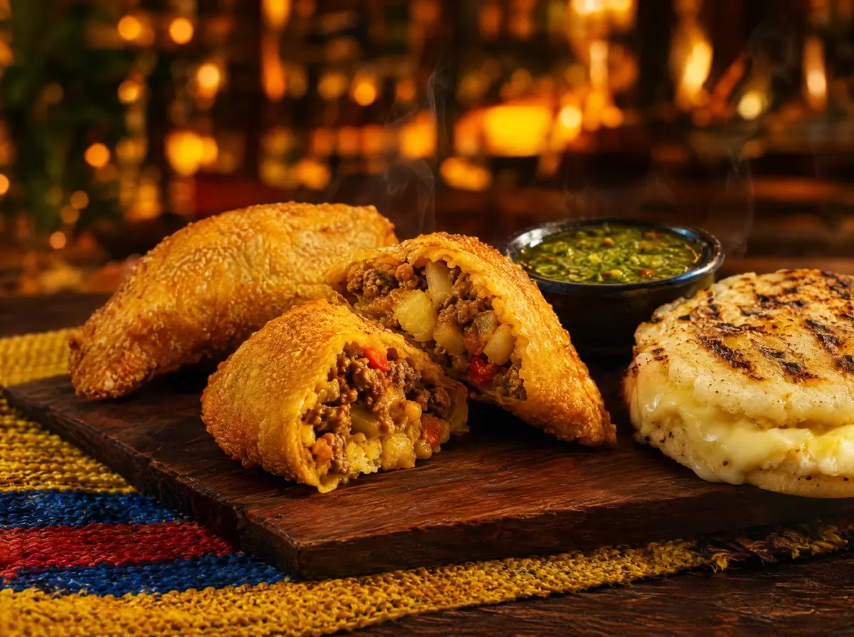 Empanadas abiertas con ají y arepa con queso