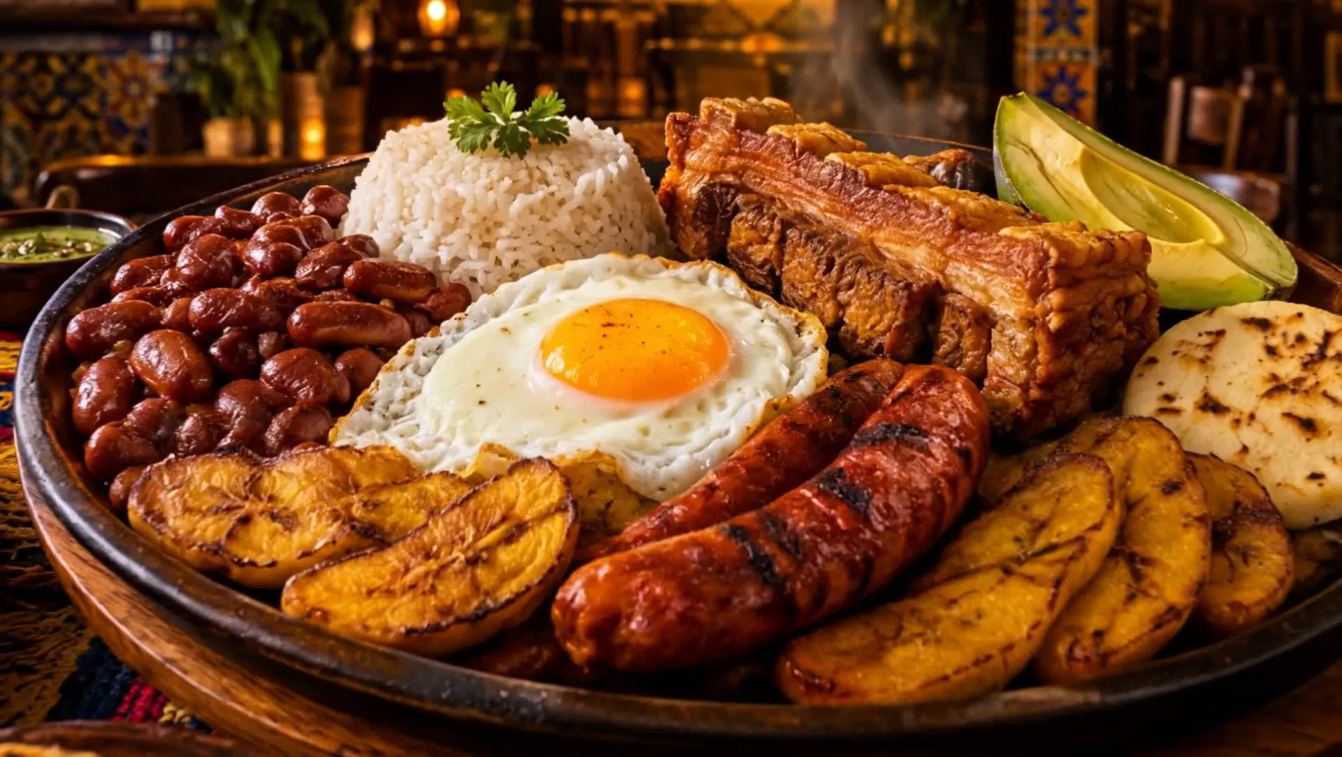 Bandeja paisa con arroz, frijoles, huevo, chicharrón y chorizo