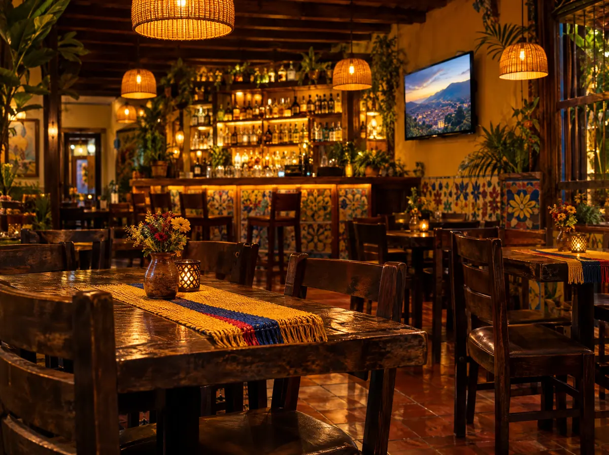 Interior cálido del bar, con mesas de madera y luces ámbar
