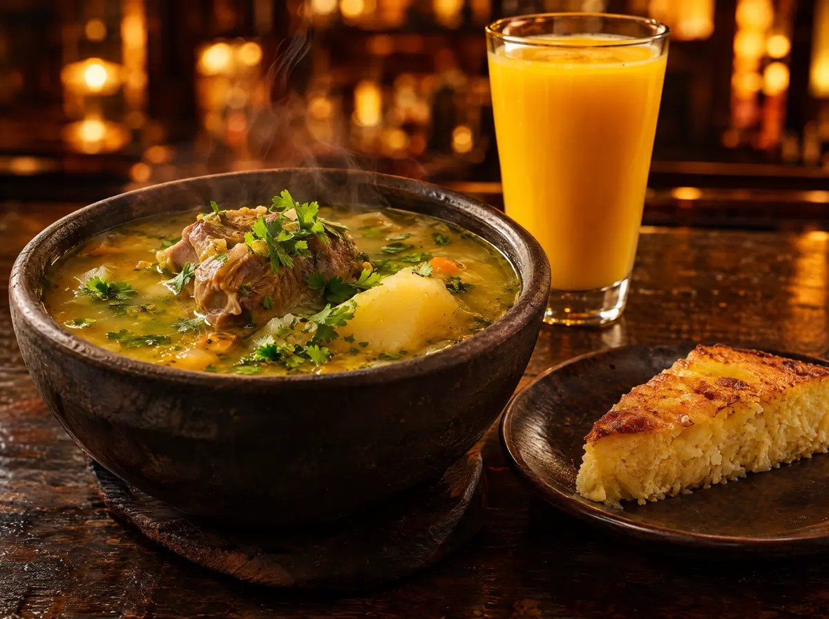 Sopa con cilantro en cuenco de barro, con jugo de mango y pastel de yuca